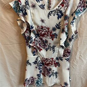 Monteau Floral Ruffle Sleeve Blouse - Cream, maroon, Teal